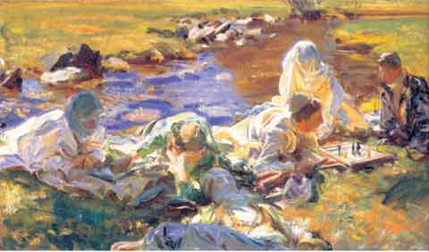 Oil painting of a grand chess match outside a school